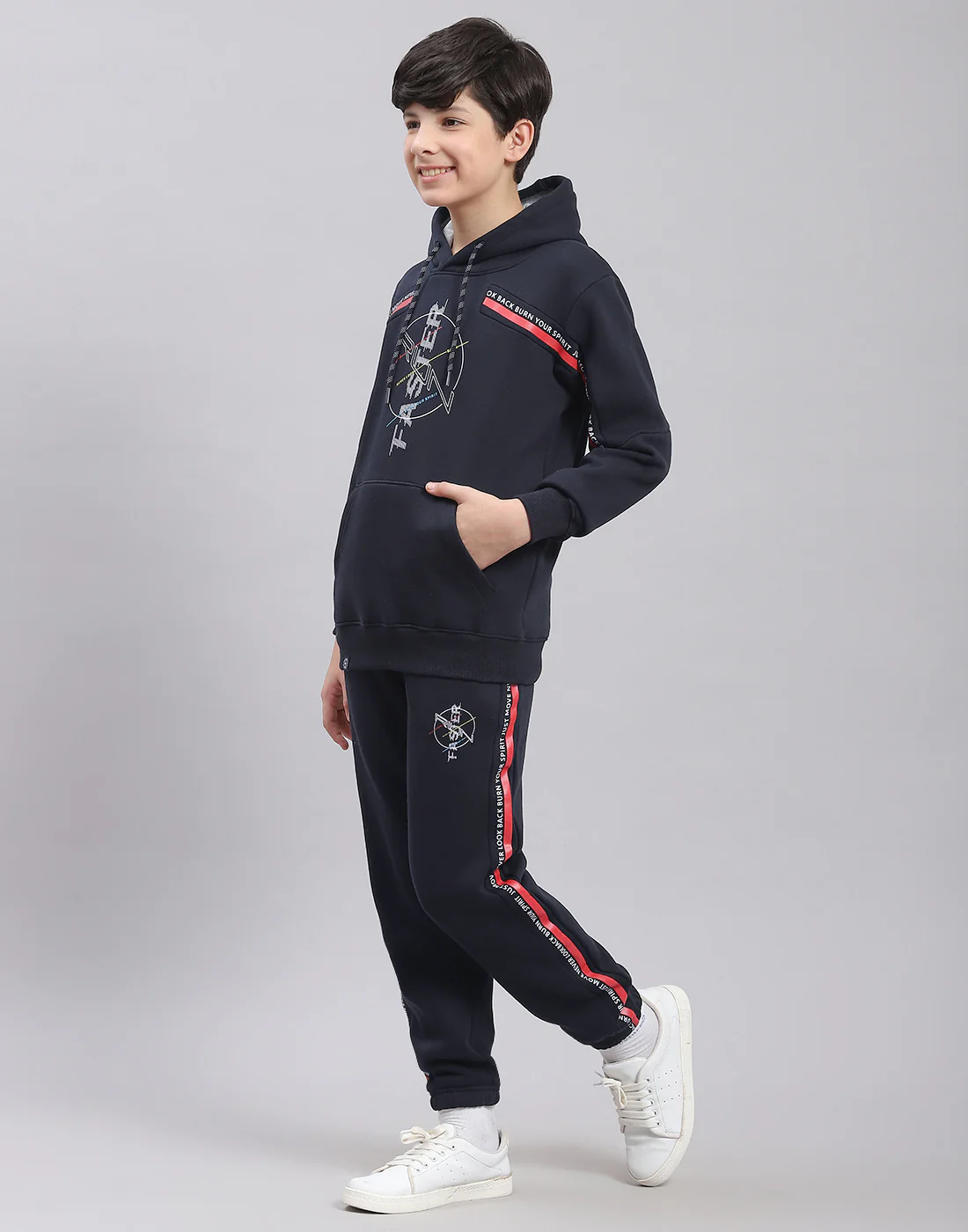 Boys Navy Blue Printed Hooded Full Sleeve Tracksuit - Image 3