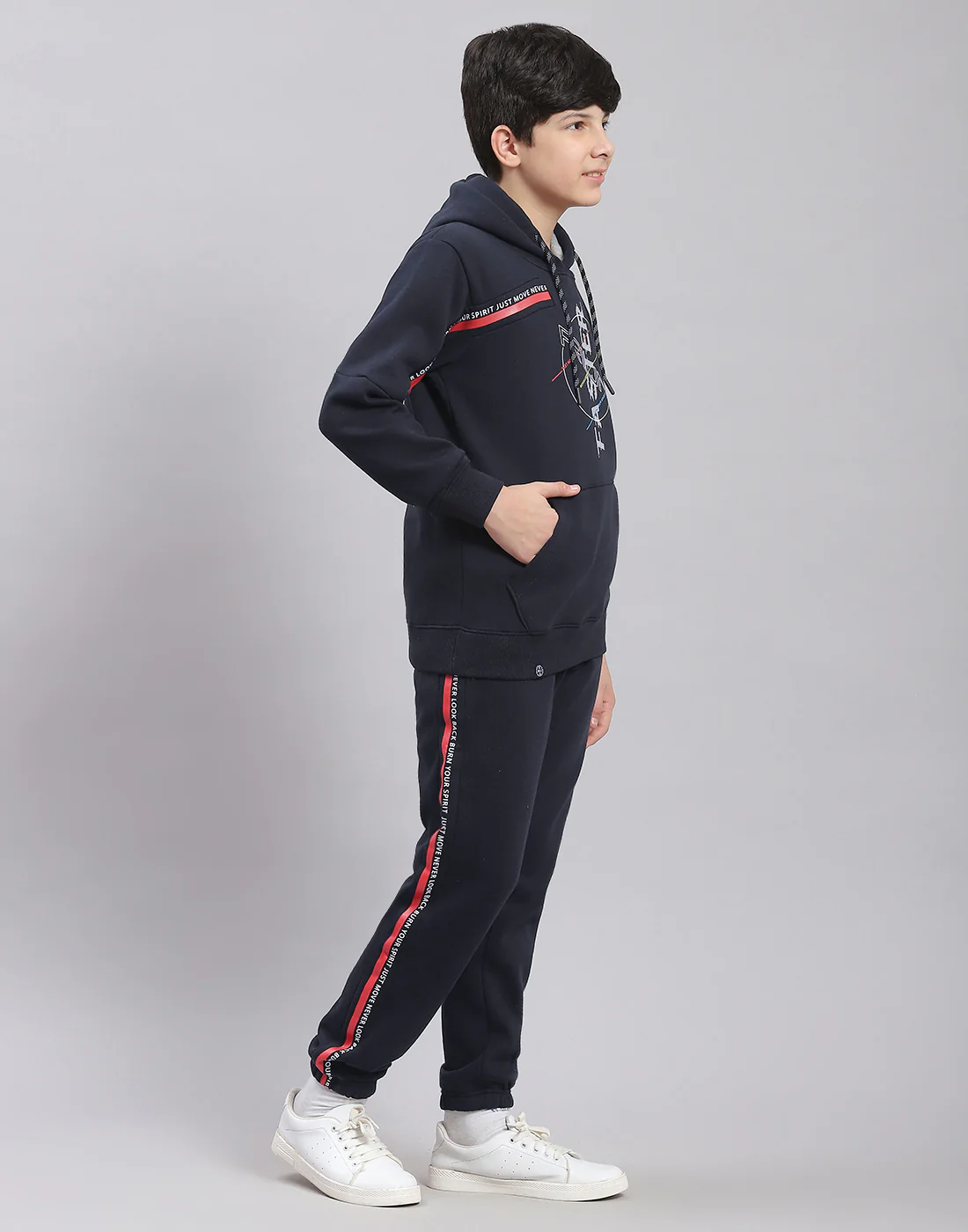Boys Navy Blue Printed Hooded Full Sleeve Tracksuit - Image 4