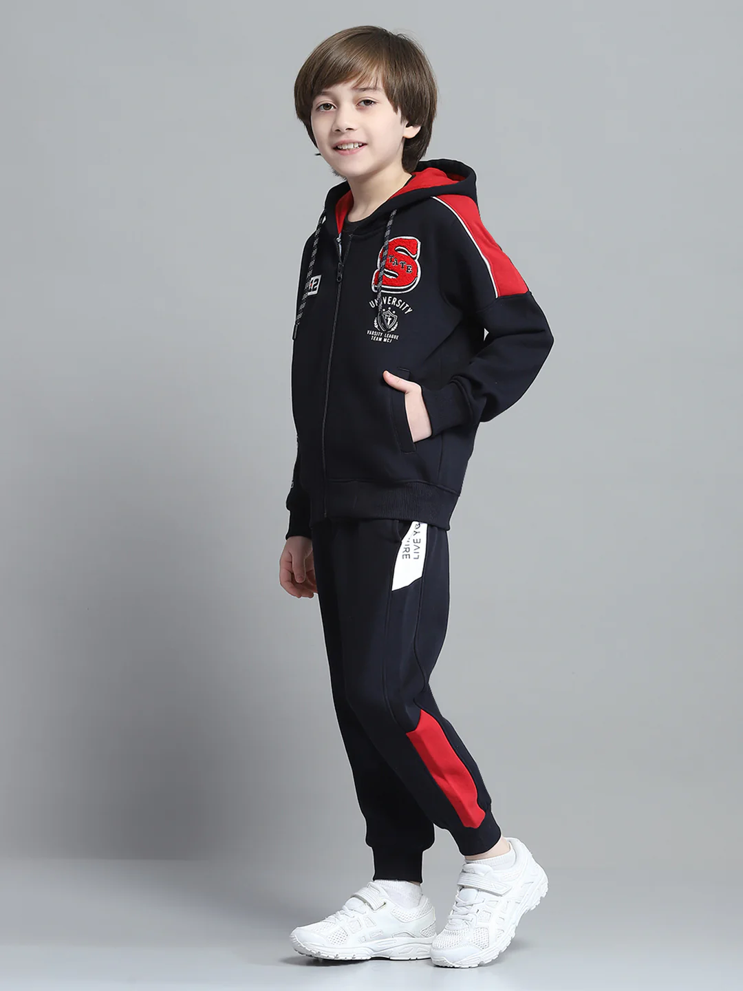 Boys Navy Blue Printed Hooded Full Sleeve Tracksuit - Image 3