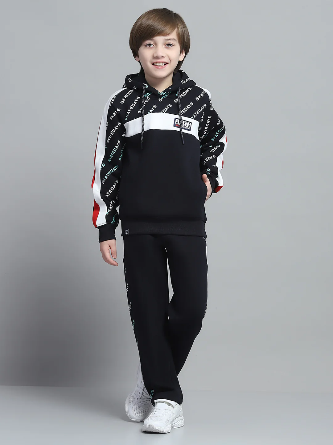 Boys Navy Blue Printed Hooded Full Sleeve Tracksuit - Image 2