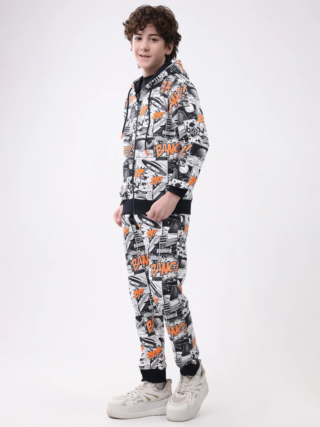 Boys Navy Blue Printed Hooded Full Sleeve Winter Tracksuit - Image 3
