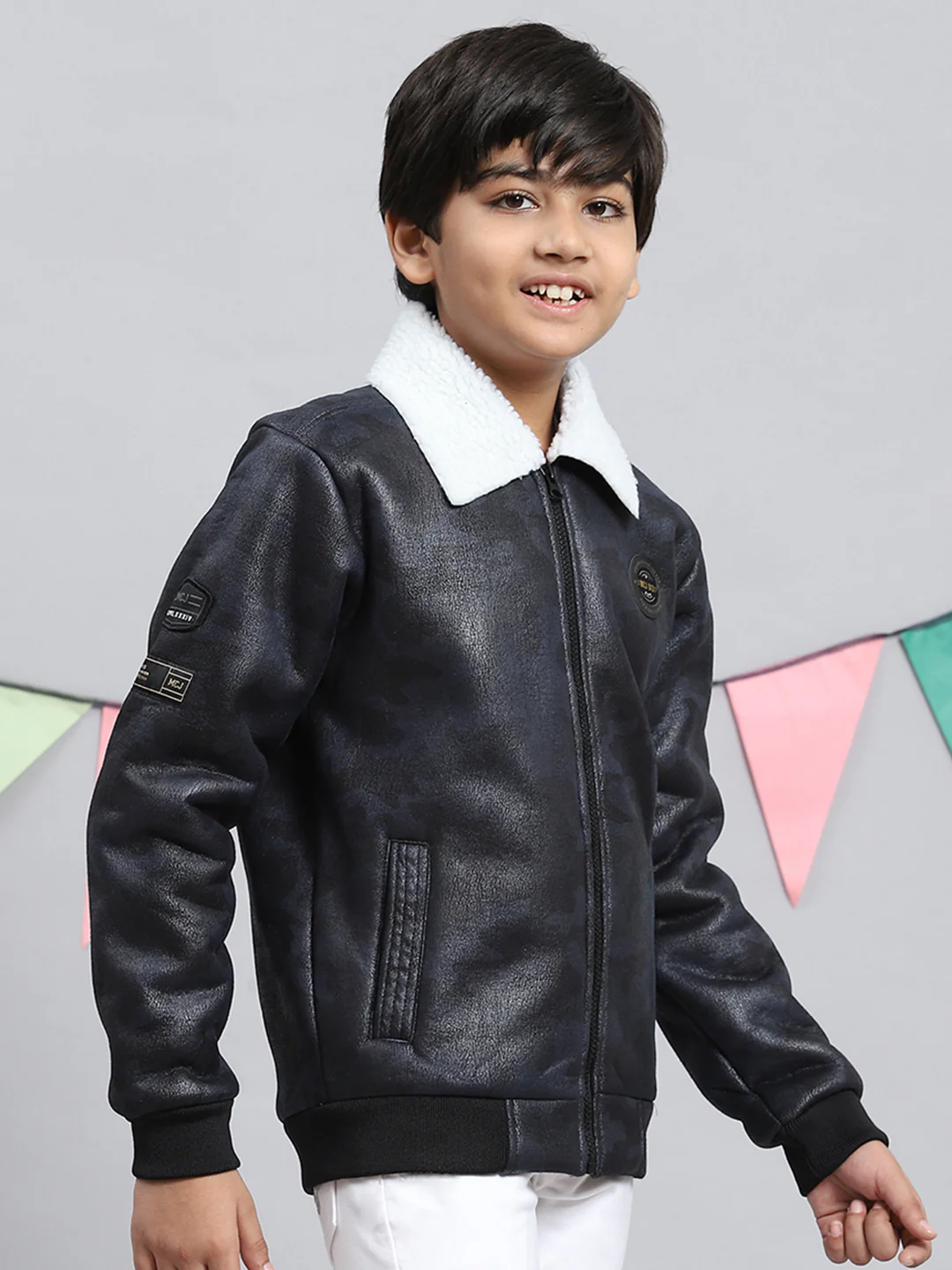 Boys Navy Blue Printed Jacket - Image 2