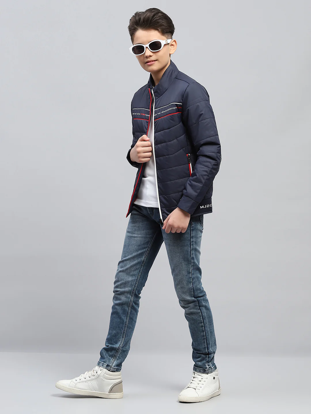 Boys Navy Blue Printed Mock Neck Full Sleeve Jacket - Image 2