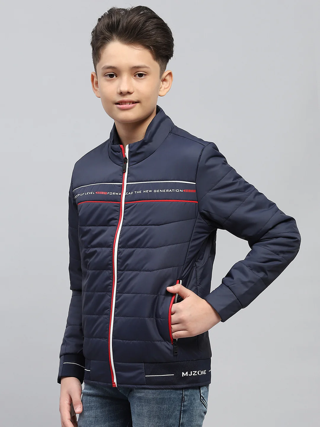 Boys Navy Blue Printed Mock Neck Full Sleeve Jacket - Image 3