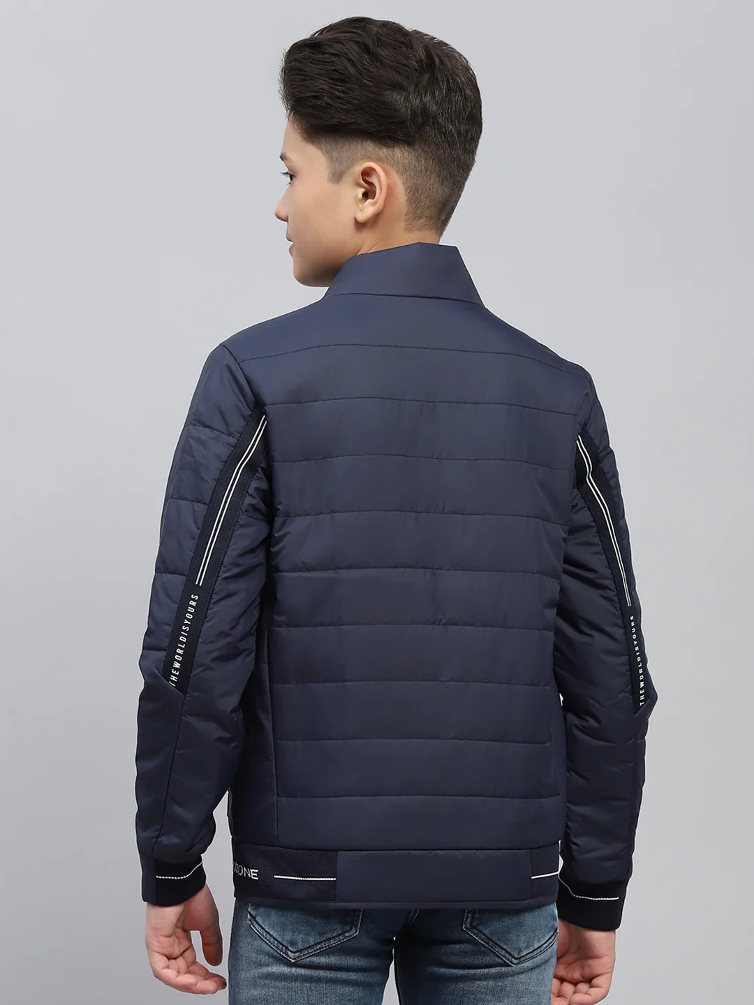 Boys Navy Blue Printed Mock Neck Full Sleeve Jacket - Image 5