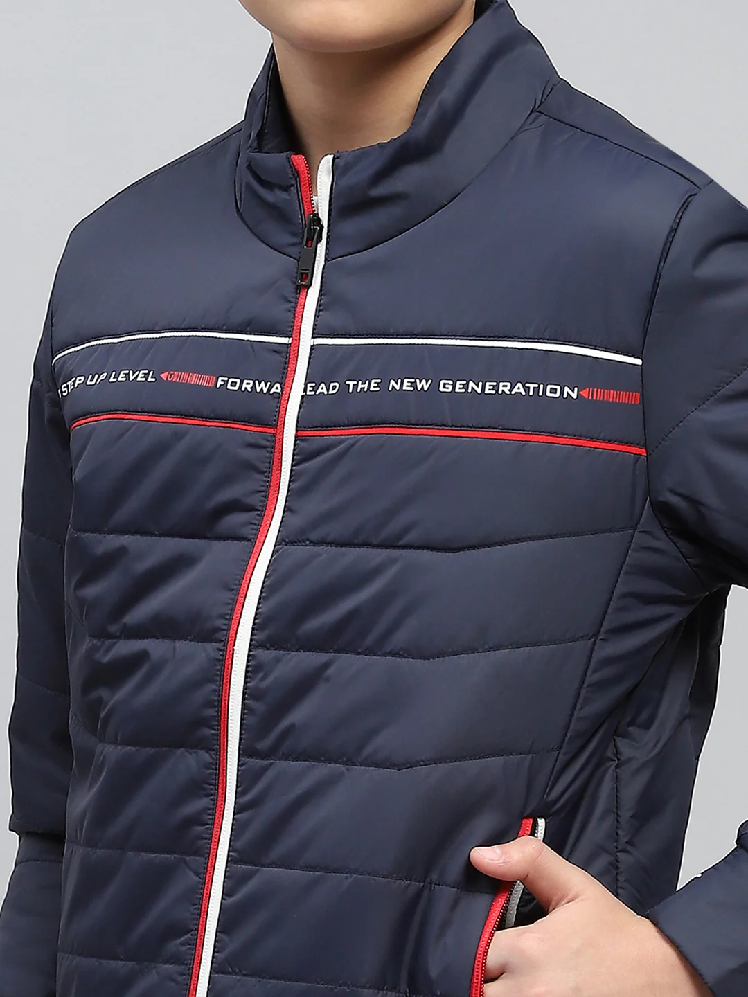 Boys Navy Blue Printed Mock Neck Full Sleeve Jacket - Image 6