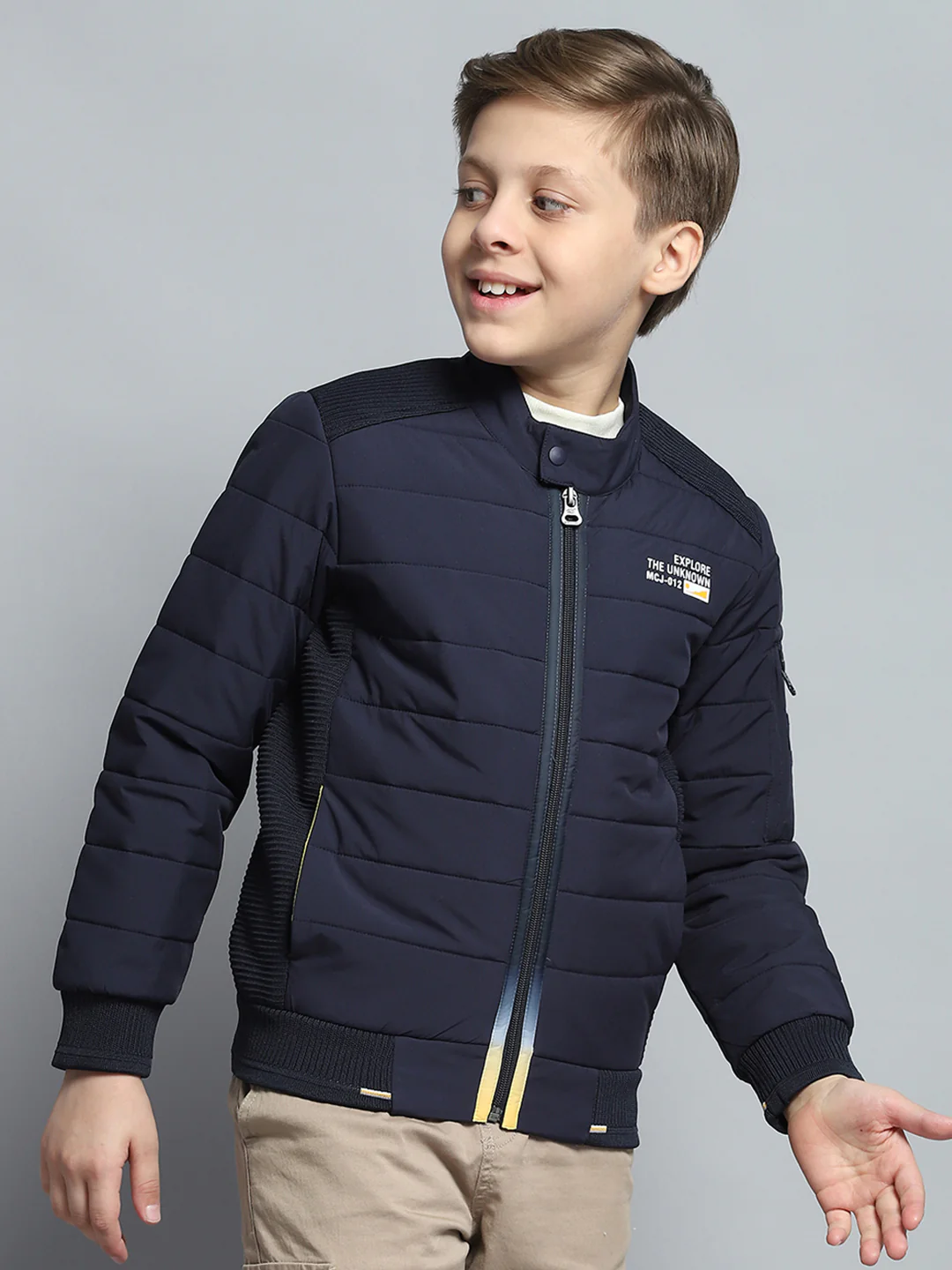 Boys Navy Blue Printed Mock Neck Full Sleeve Jacket - Image 4