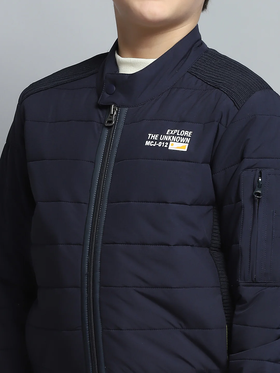 Boys Navy Blue Printed Mock Neck Full Sleeve Jacket - Image 6