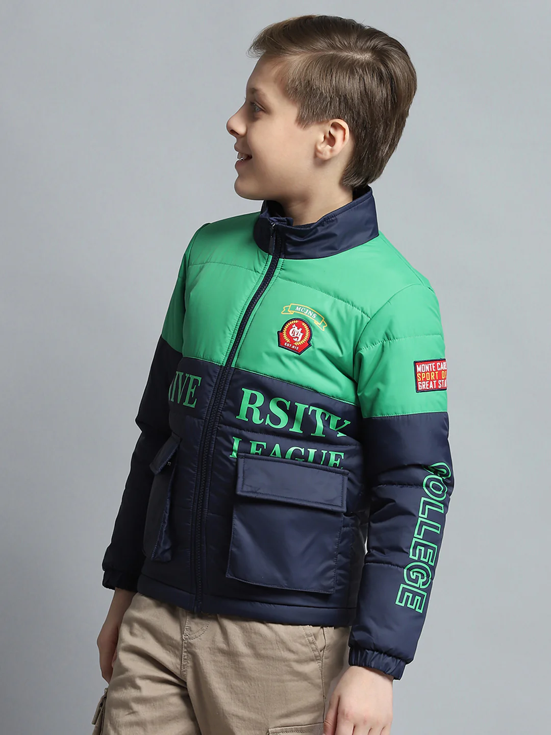 Boys Navy Blue Printed Mock Neck Full Sleeve Jacket - Image 3