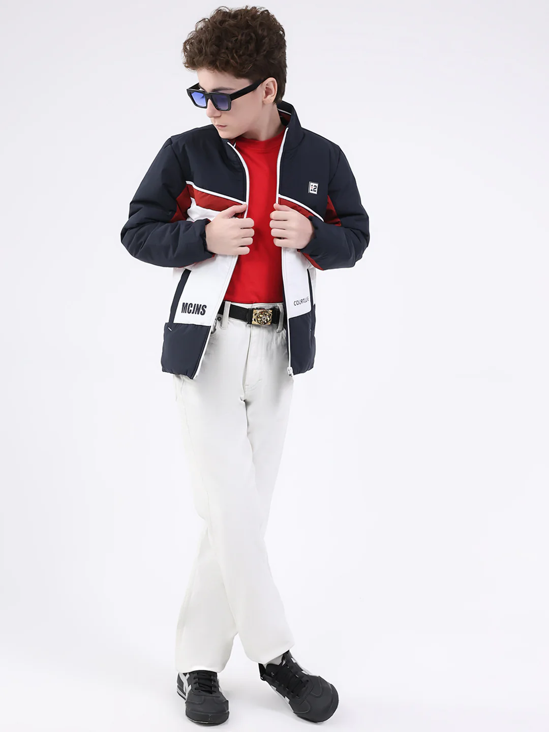 Boys Navy Blue Printed Mock Neck Full Sleeve Jacket - Image 2