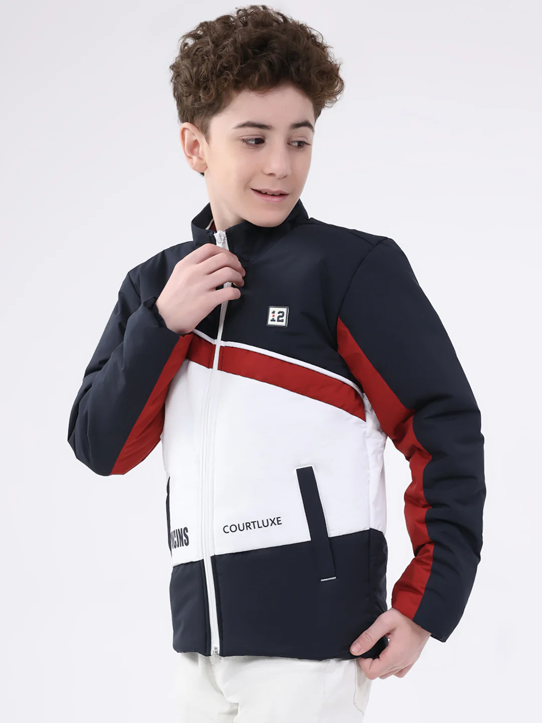 Boys Navy Blue Printed Mock Neck Full Sleeve Jacket - Image 3