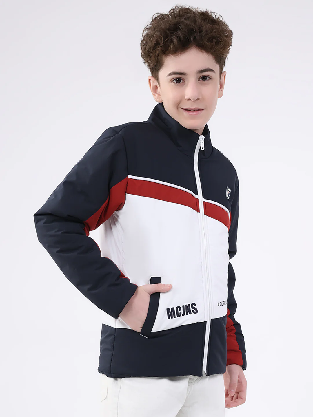 Boys Navy Blue Printed Mock Neck Full Sleeve Jacket - Image 4