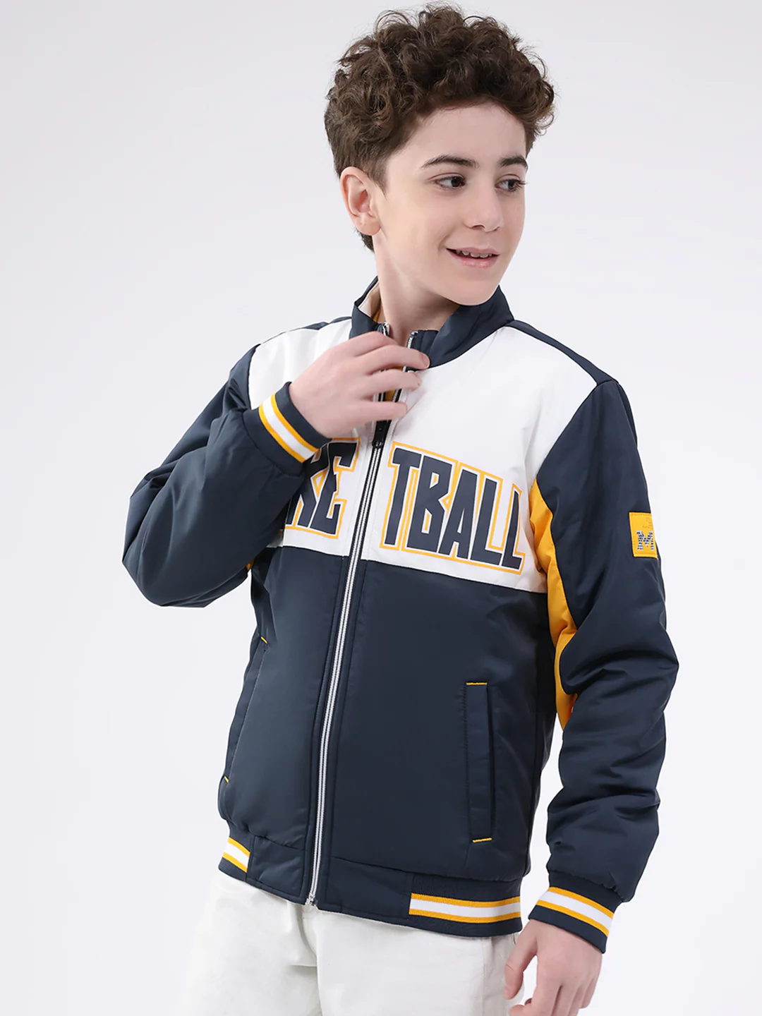 Boys Navy Blue Printed Mock Neck Full Sleeve Jacket - Image 3
