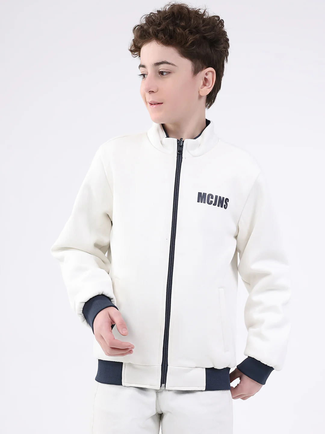 Boys Navy Blue Printed Mock Neck Full Sleeve Jacket - Image 6