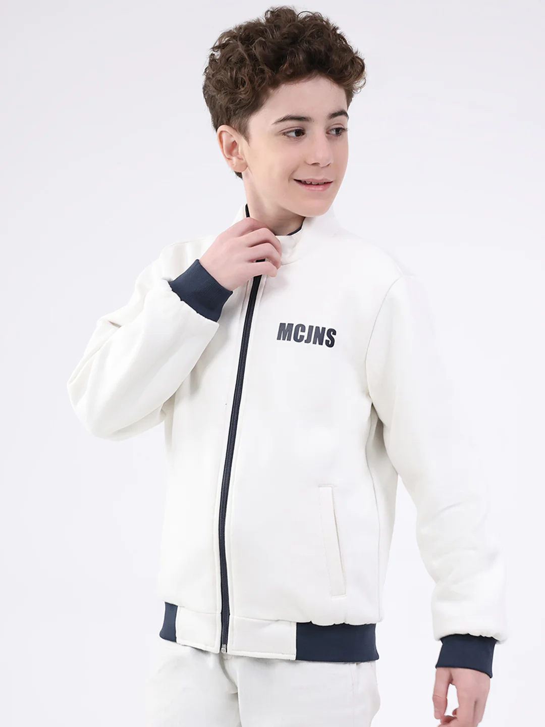 Boys Navy Blue Printed Mock Neck Full Sleeve Jacket - Image 9