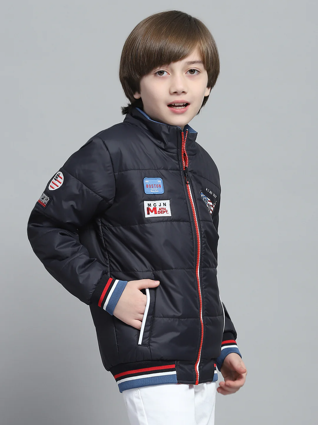 Boys Navy Blue Printed Mock Neck Full Sleeve Reversible Jacket - Image 4