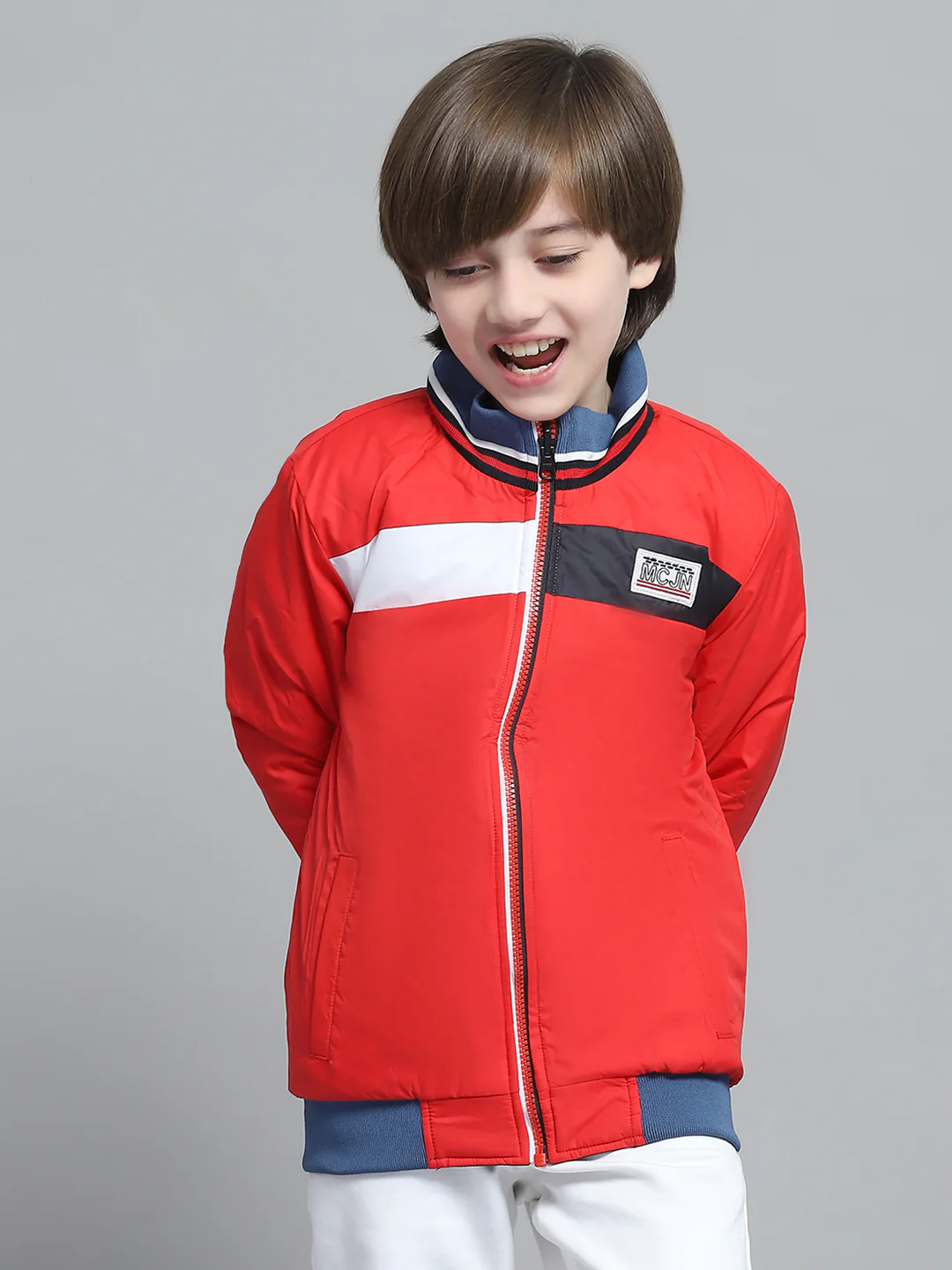 Boys Navy Blue Printed Mock Neck Full Sleeve Reversible Jacket - Image 6