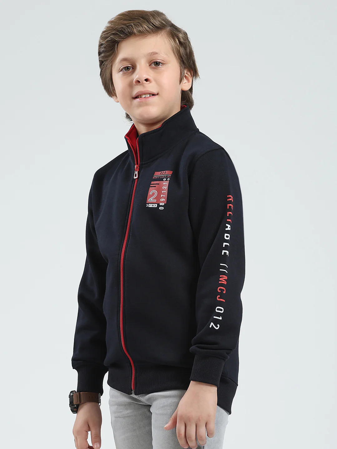 Boys Navy Blue Printed Mock Neck Full Sleeve Sweatshirt - Image 3