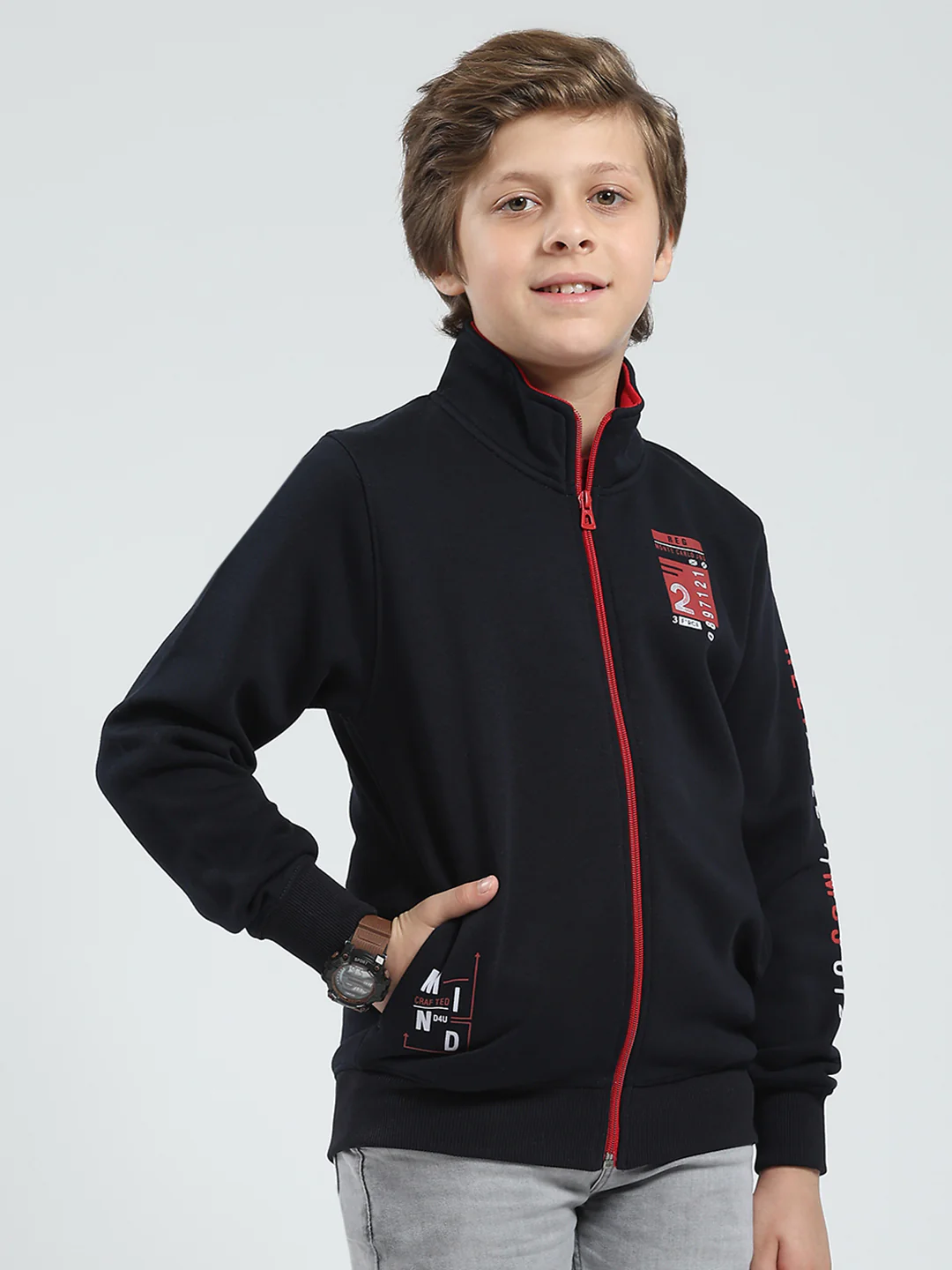 Boys Navy Blue Printed Mock Neck Full Sleeve Sweatshirt - Image 4