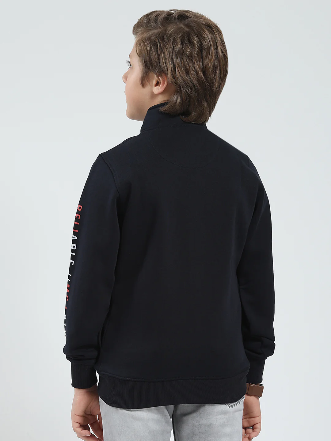 Boys Navy Blue Printed Mock Neck Full Sleeve Sweatshirt - Image 5