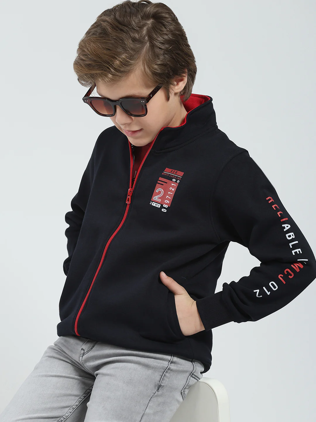Boys Navy Blue Printed Mock Neck Full Sleeve Sweatshirt - Image 6
