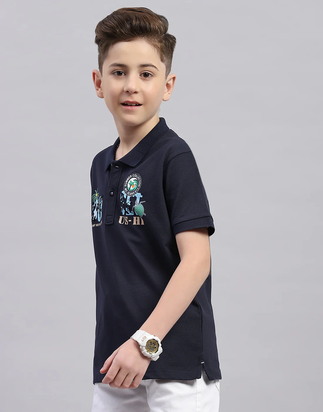 Boys Navy Blue Printed Polo Collar Half Sleeve T-Shirt - Image 3