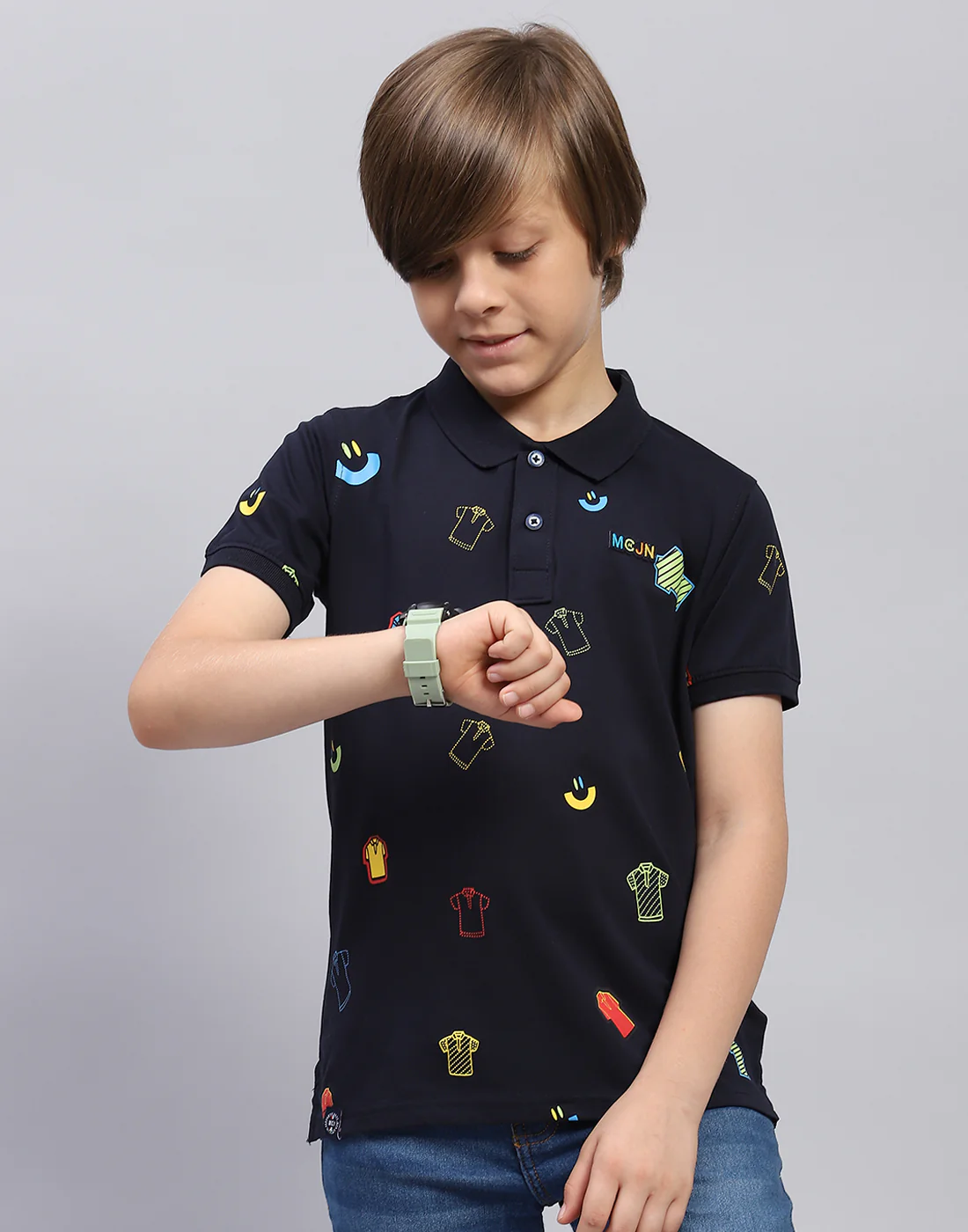 Boys Navy Blue Printed Polo Collar Half Sleeve T-Shirt - Image 2