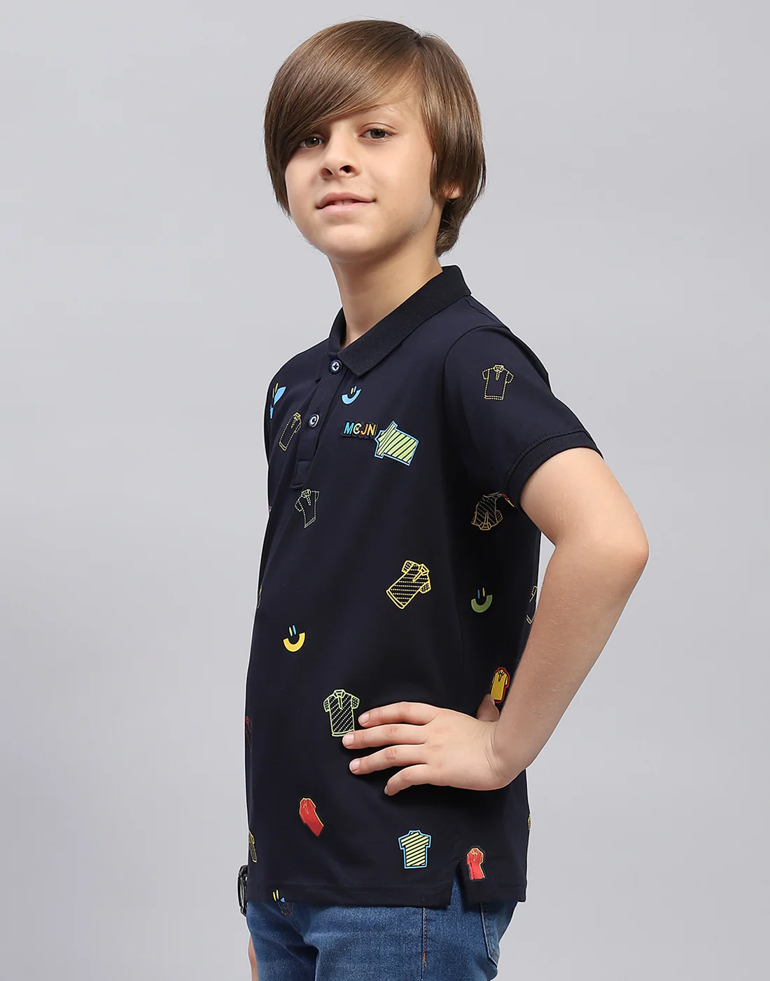 Boys Navy Blue Printed Polo Collar Half Sleeve T-Shirt - Image 3
