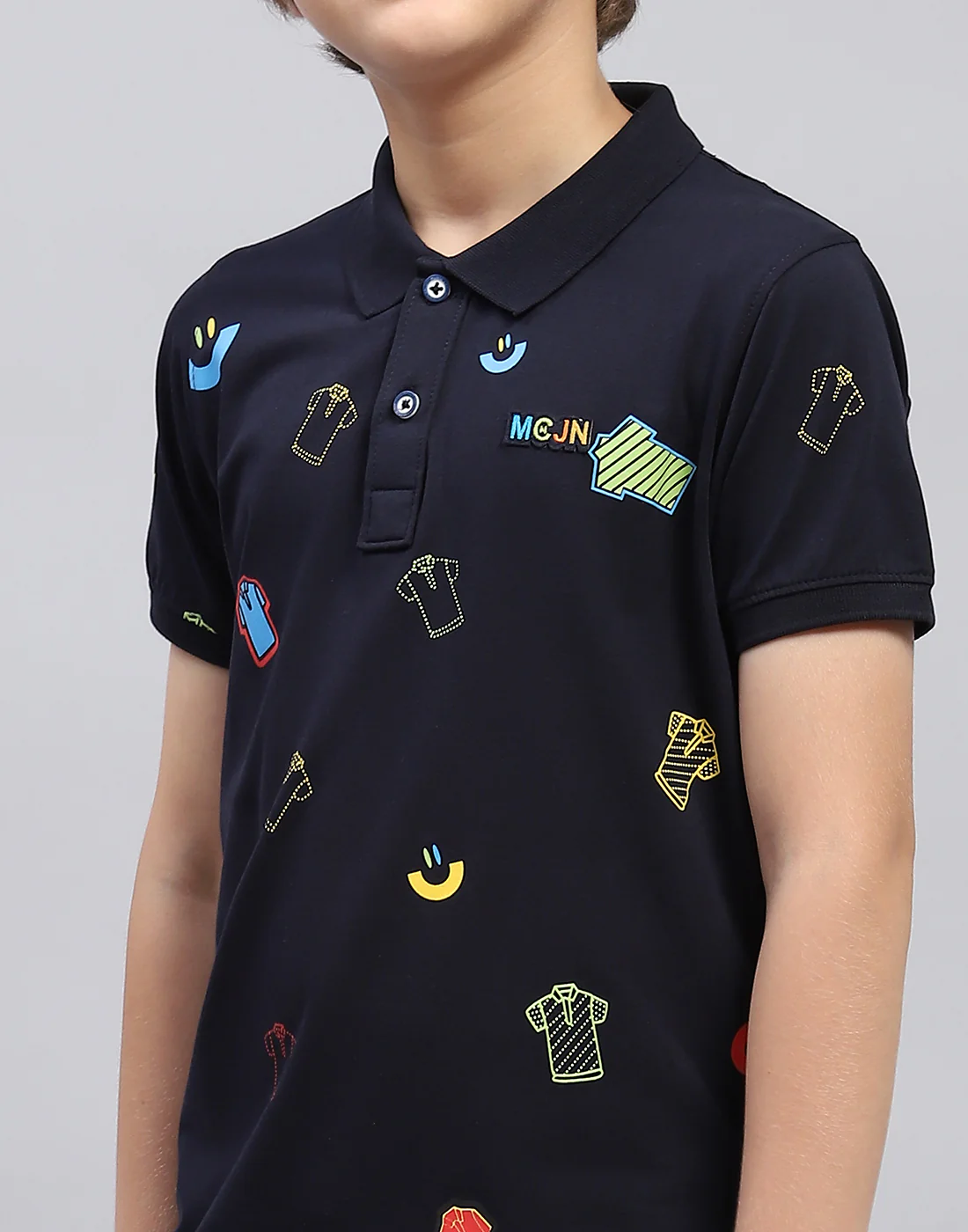 Boys Navy Blue Printed Polo Collar Half Sleeve T-Shirt - Image 6