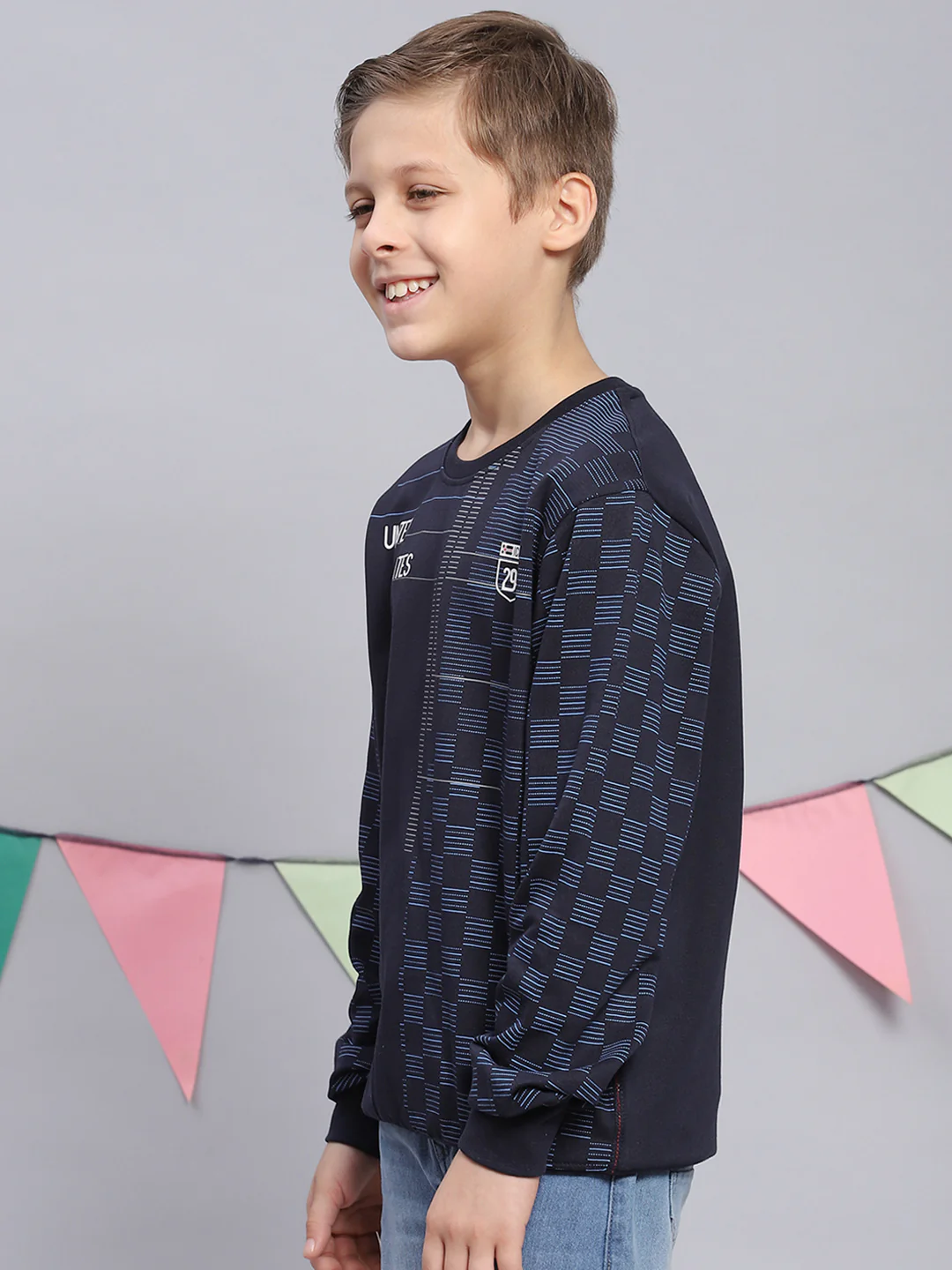 Boys Navy Blue Printed Round Neck Full Sleeve Sweatshirt - Image 3