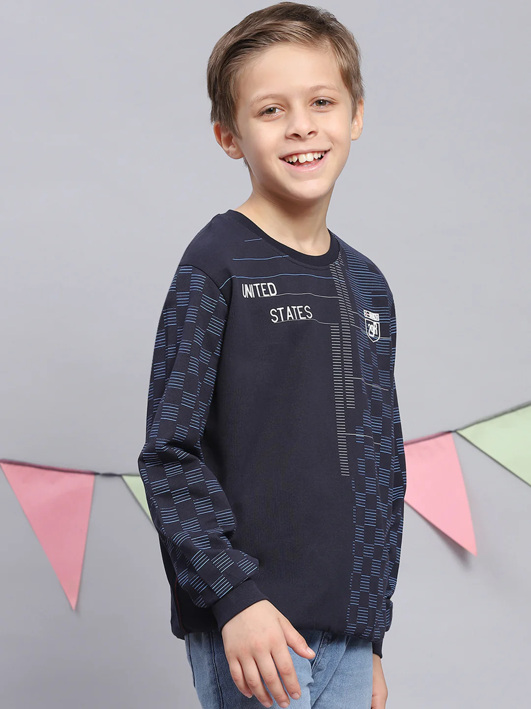 Boys Navy Blue Printed Round Neck Full Sleeve Sweatshirt - Image 4