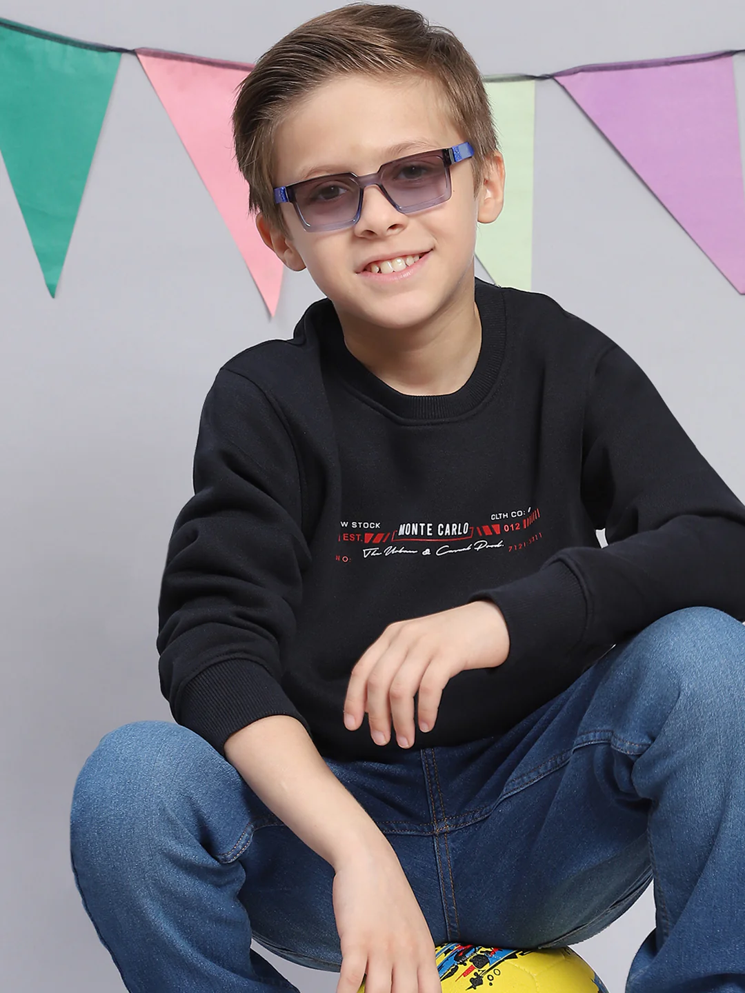 Boys Navy Blue Printed Round Neck Full Sleeve Sweatshirt - Image 2