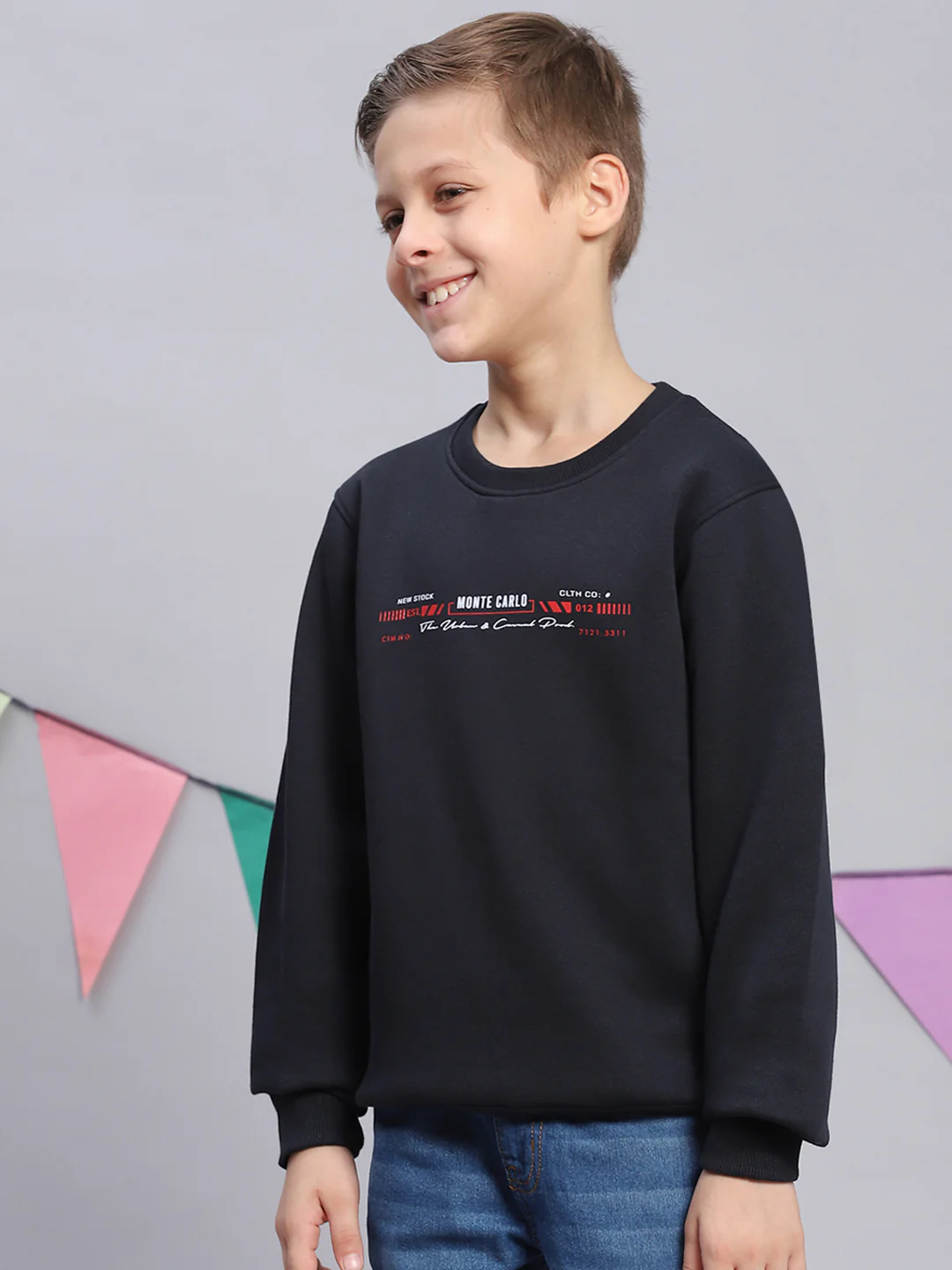 Boys Navy Blue Printed Round Neck Full Sleeve Sweatshirt - Image 4