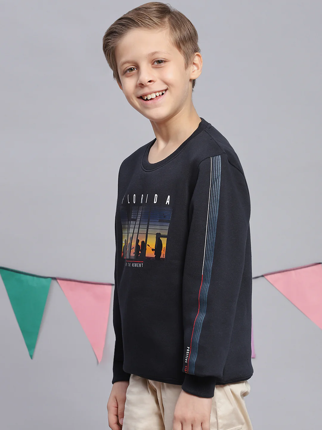 Boys Navy Blue Printed Round Neck Full Sleeve Sweatshirt - Image 3