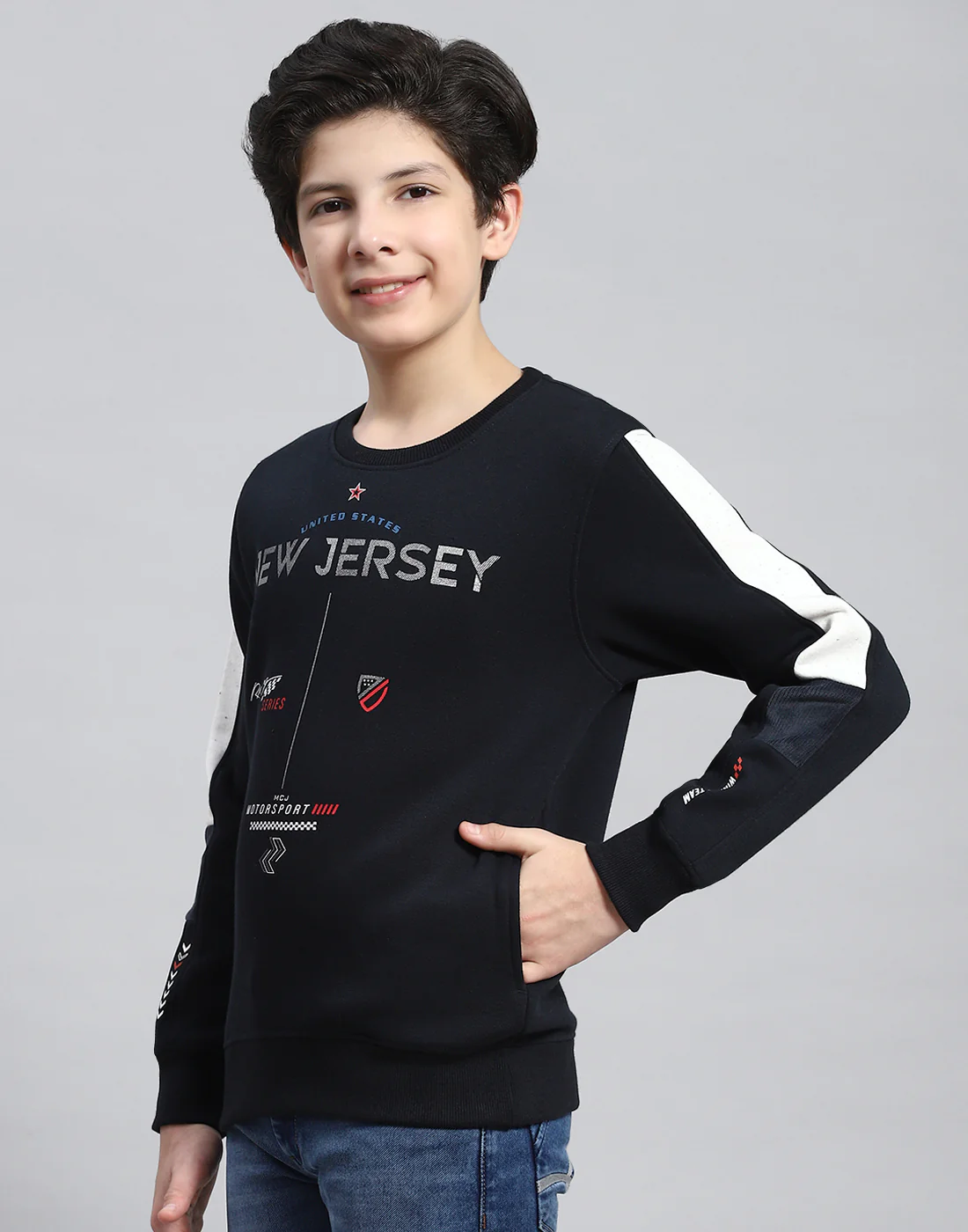 Boys Navy Blue Printed Round Neck Full Sleeve Sweatshirt - Image 3