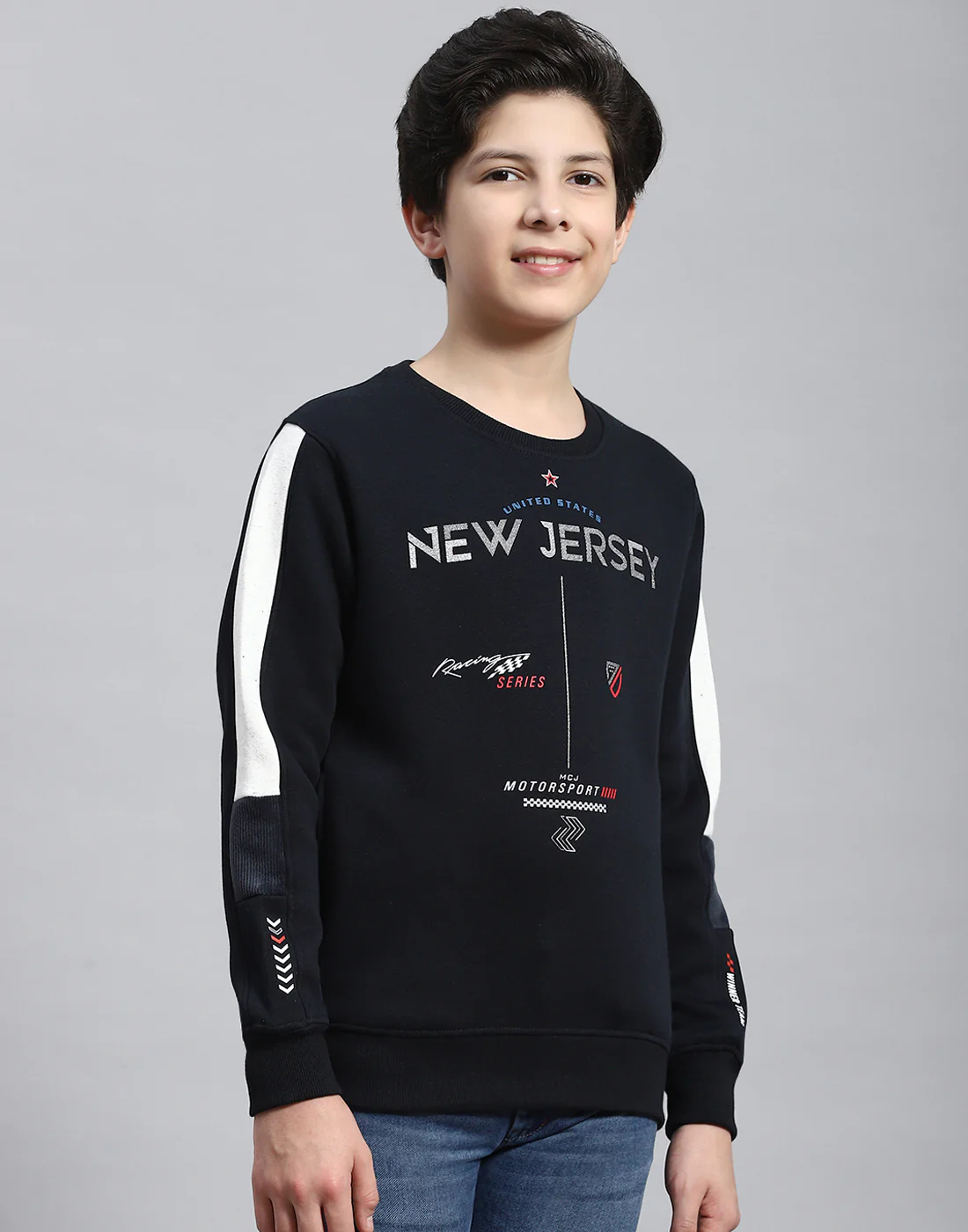 Boys Navy Blue Printed Round Neck Full Sleeve Sweatshirt - Image 4