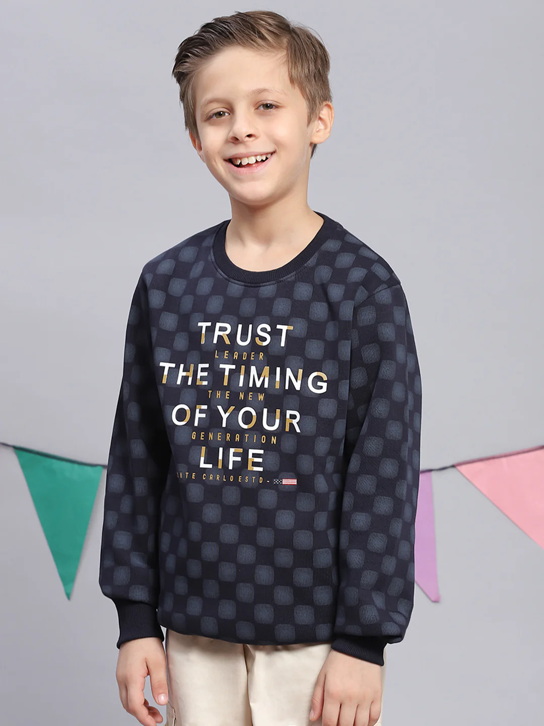 Boys Navy Blue Printed Round Neck Full Sleeve Sweatshirt - Image 3