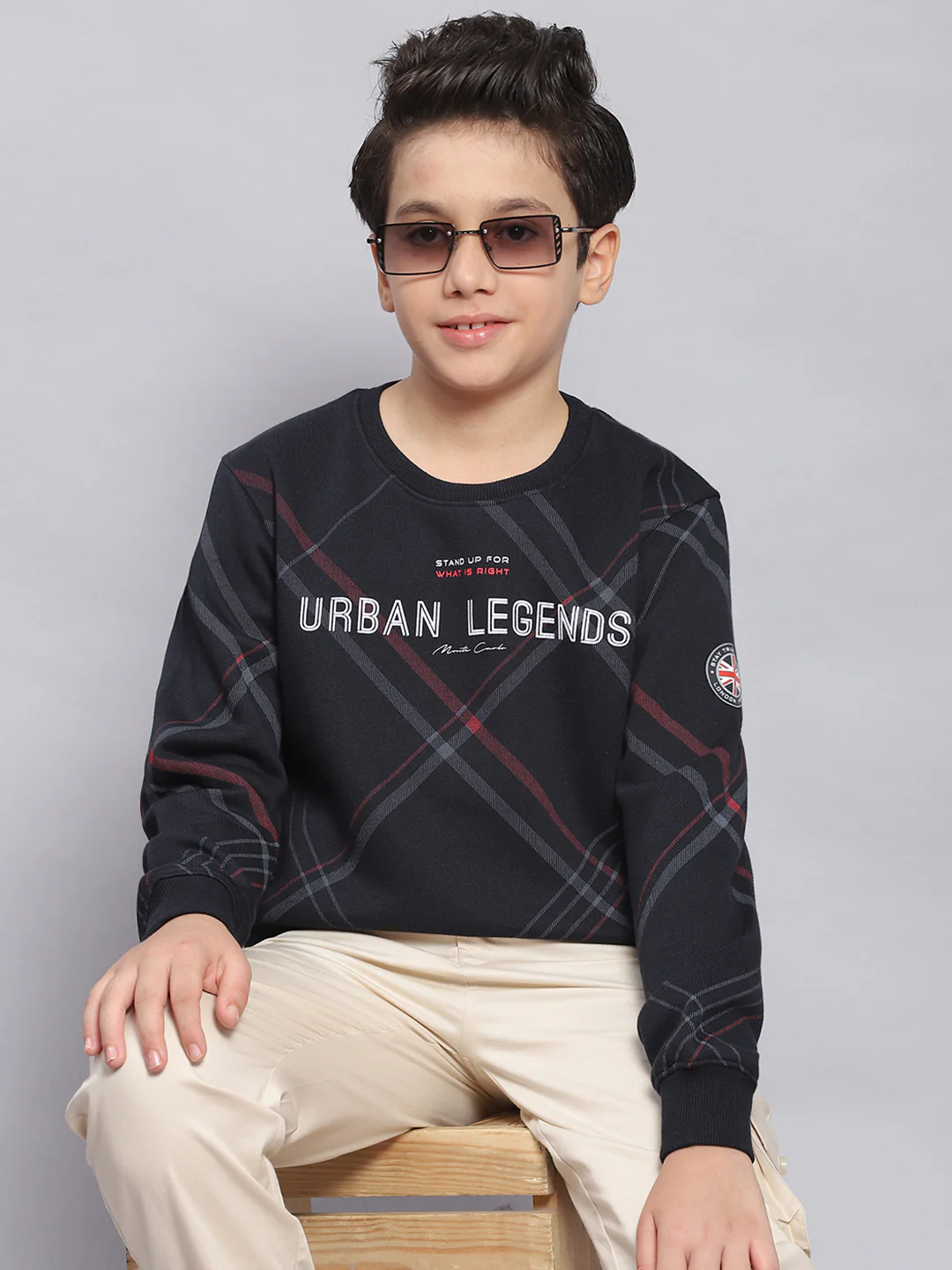 Boys Navy Blue Printed Round Neck Full Sleeve Sweatshirt - Image 2