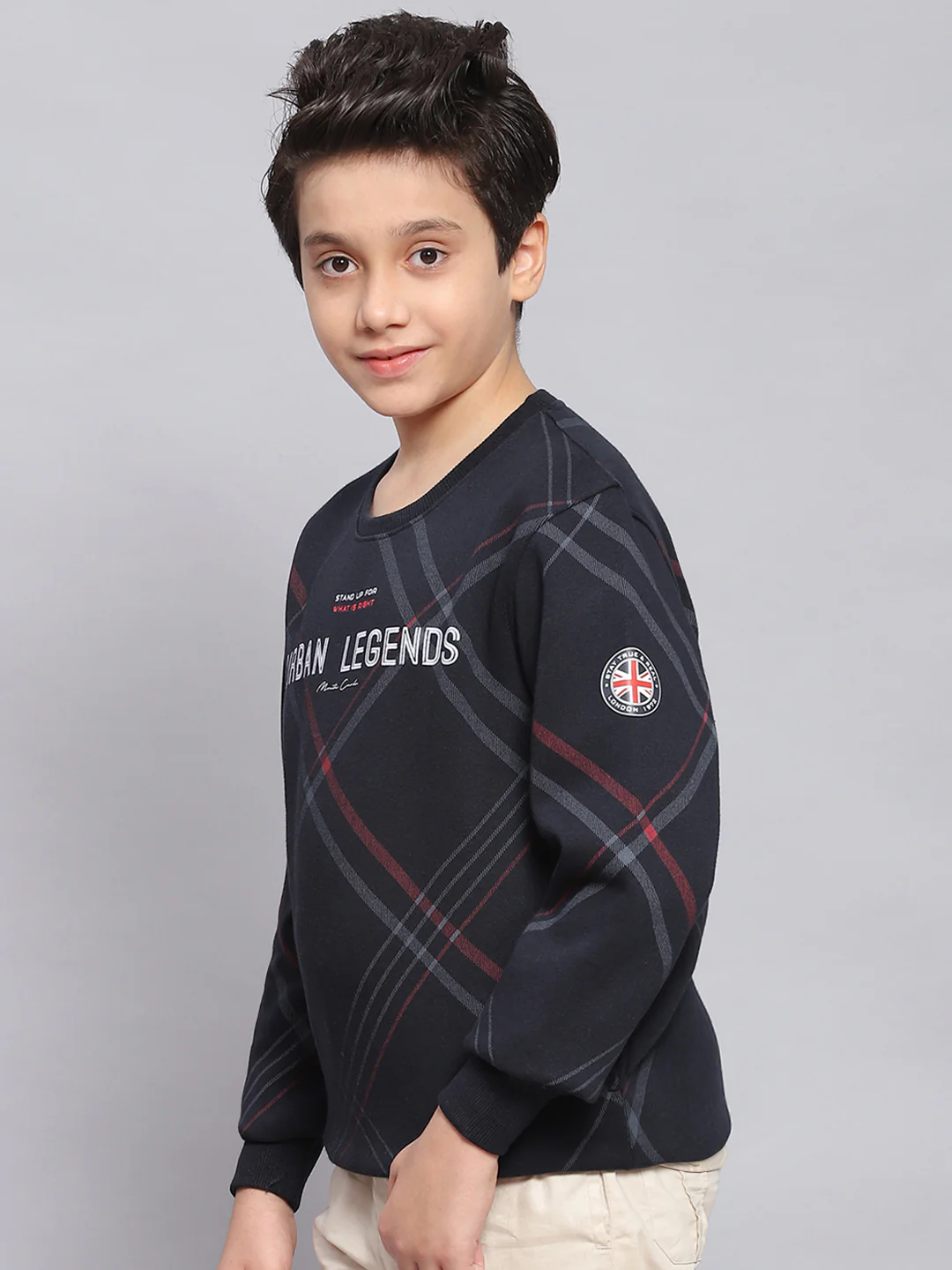 Boys Navy Blue Printed Round Neck Full Sleeve Sweatshirt - Image 3