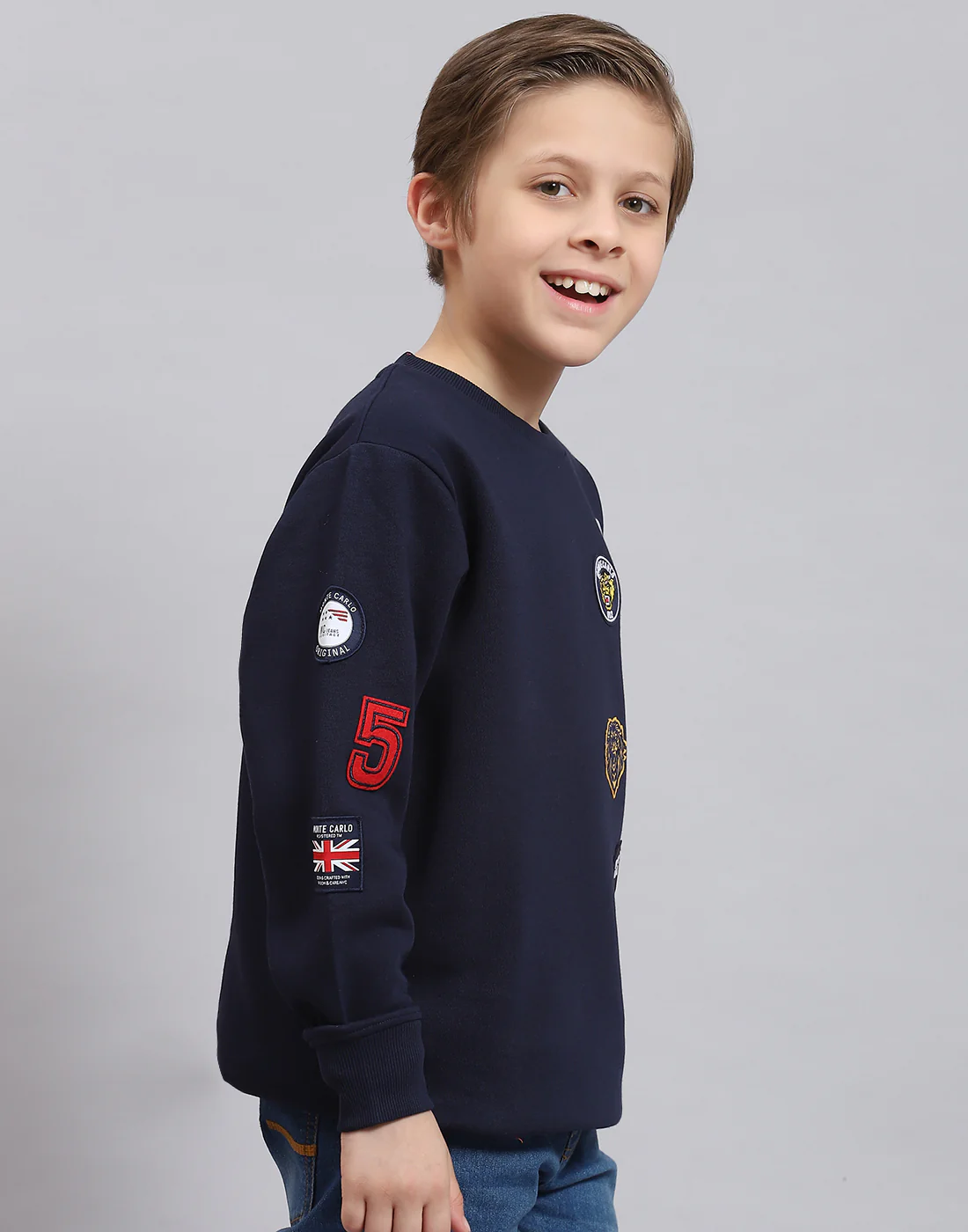 Boys Navy Blue Printed Round Neck Full Sleeve Sweatshirt - Image 4