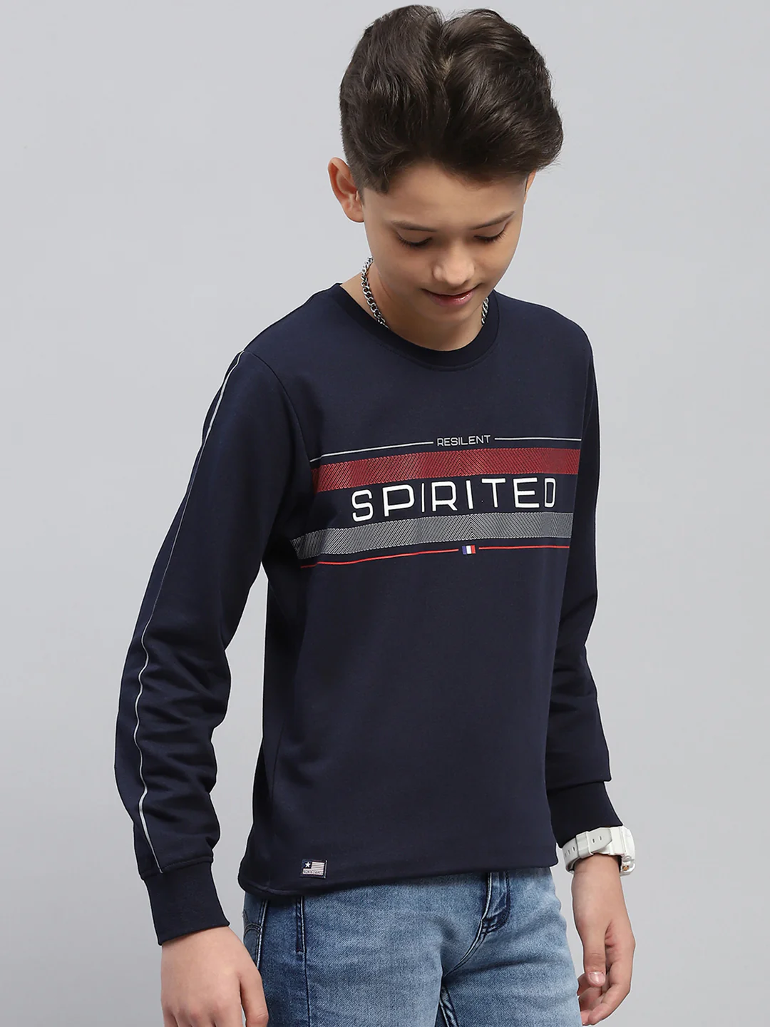 Boys Navy Blue Printed Round Neck Full Sleeve Sweatshirt - Image 4