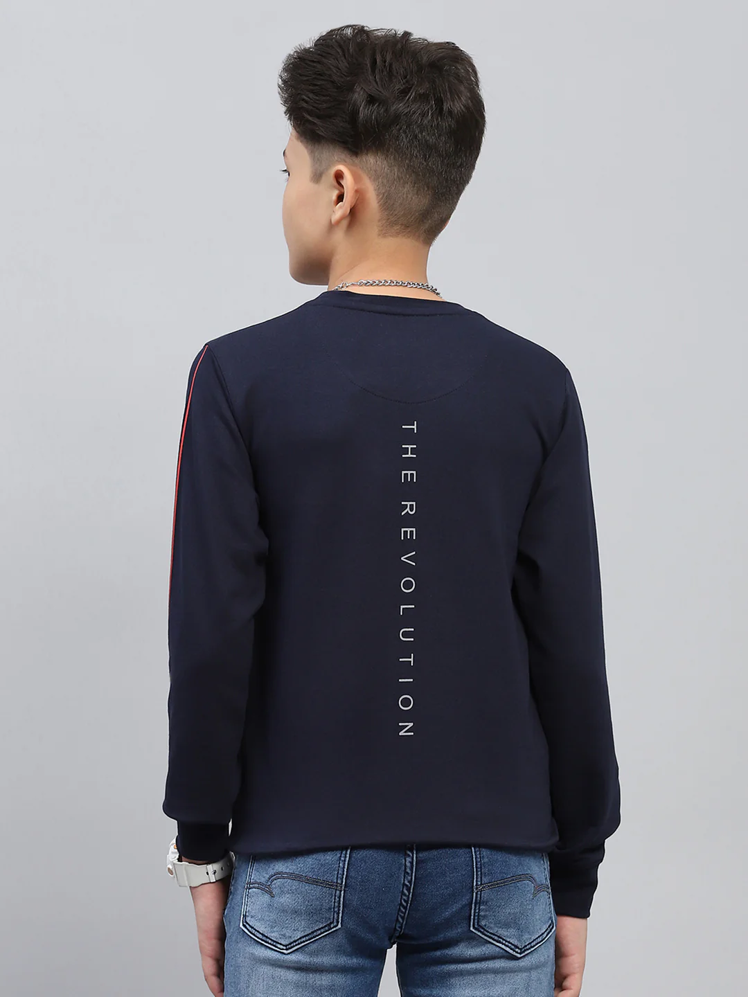Boys Navy Blue Printed Round Neck Full Sleeve Sweatshirt - Image 5