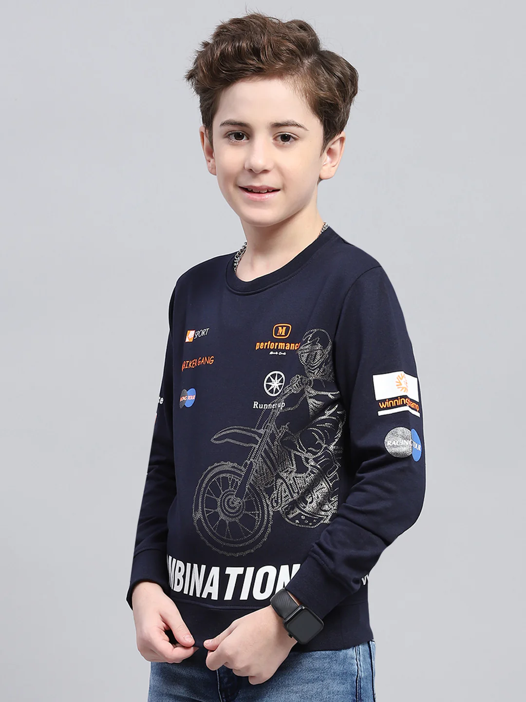Boys Navy Blue Printed Round Neck Full Sleeve Sweatshirt - Image 3