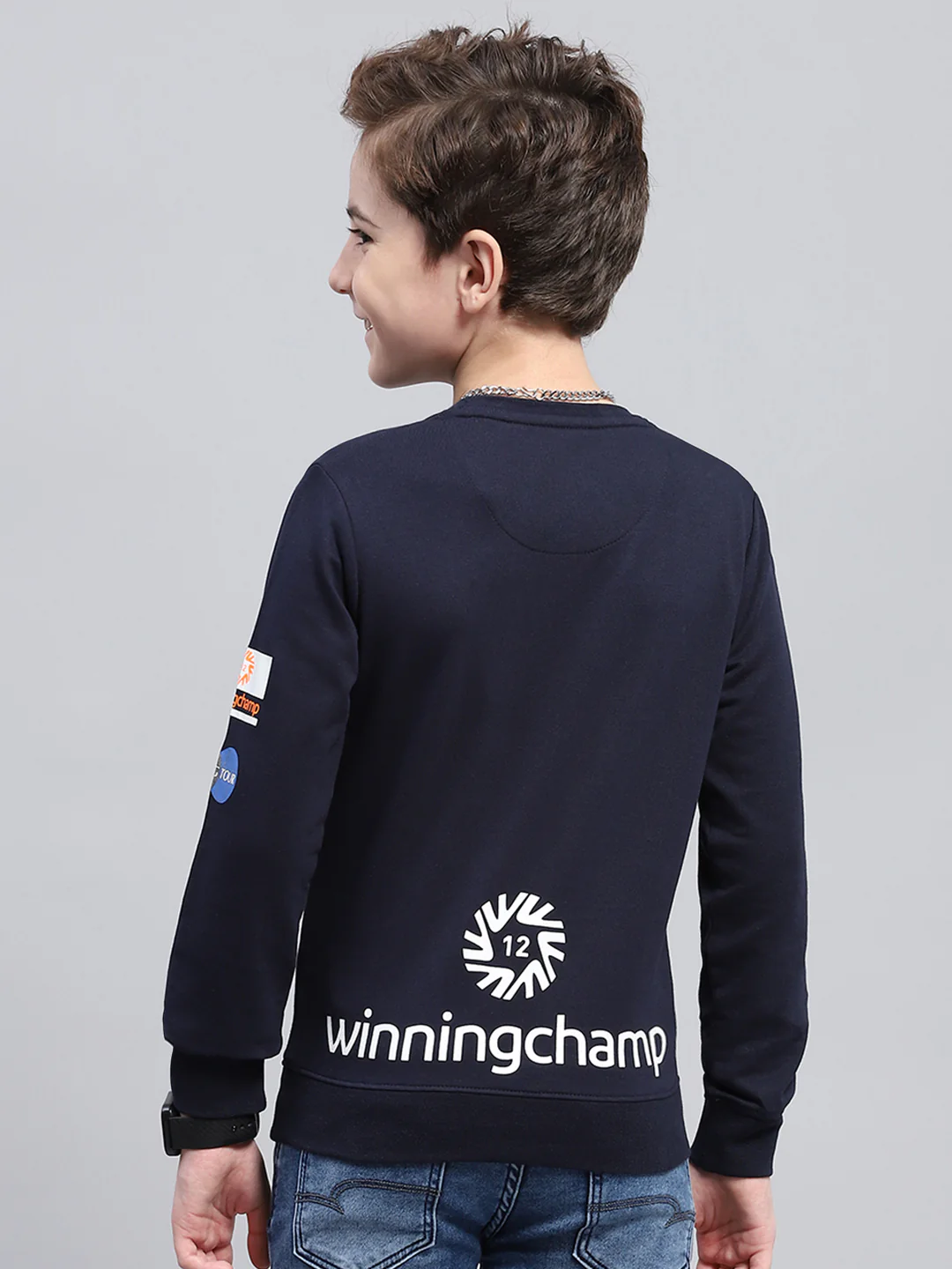Boys Navy Blue Printed Round Neck Full Sleeve Sweatshirt - Image 5