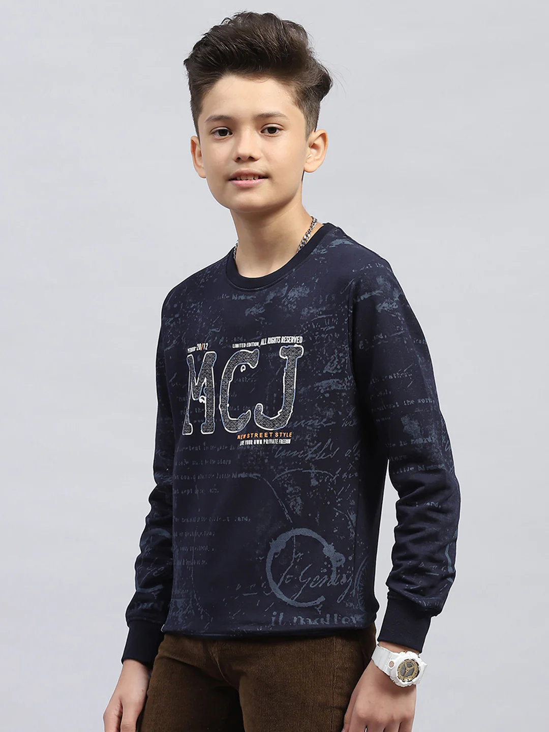 Boys Navy Blue Printed Round Neck Full Sleeve Sweatshirt - Image 3