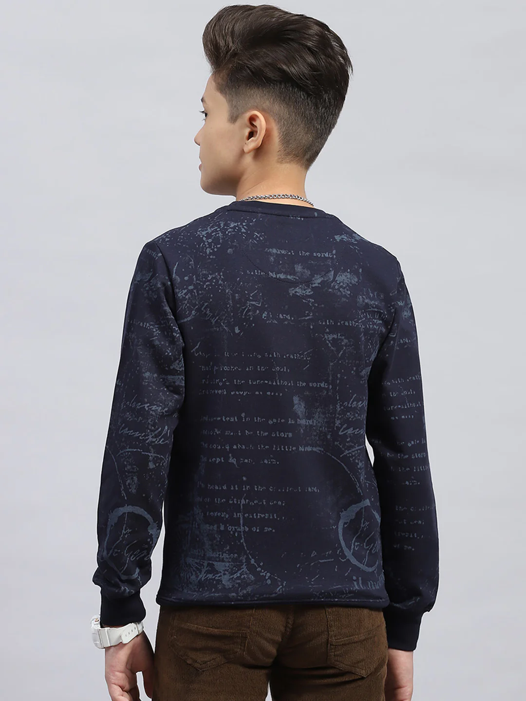 Boys Navy Blue Printed Round Neck Full Sleeve Sweatshirt - Image 5