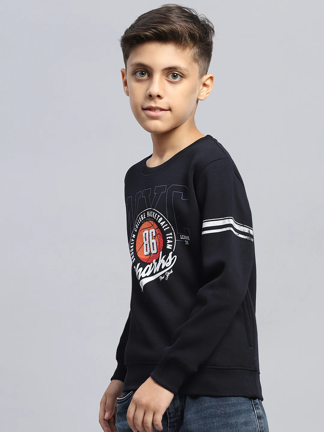 Boys Navy Blue Printed Round Neck Full Sleeve Sweatshirt - Image 3