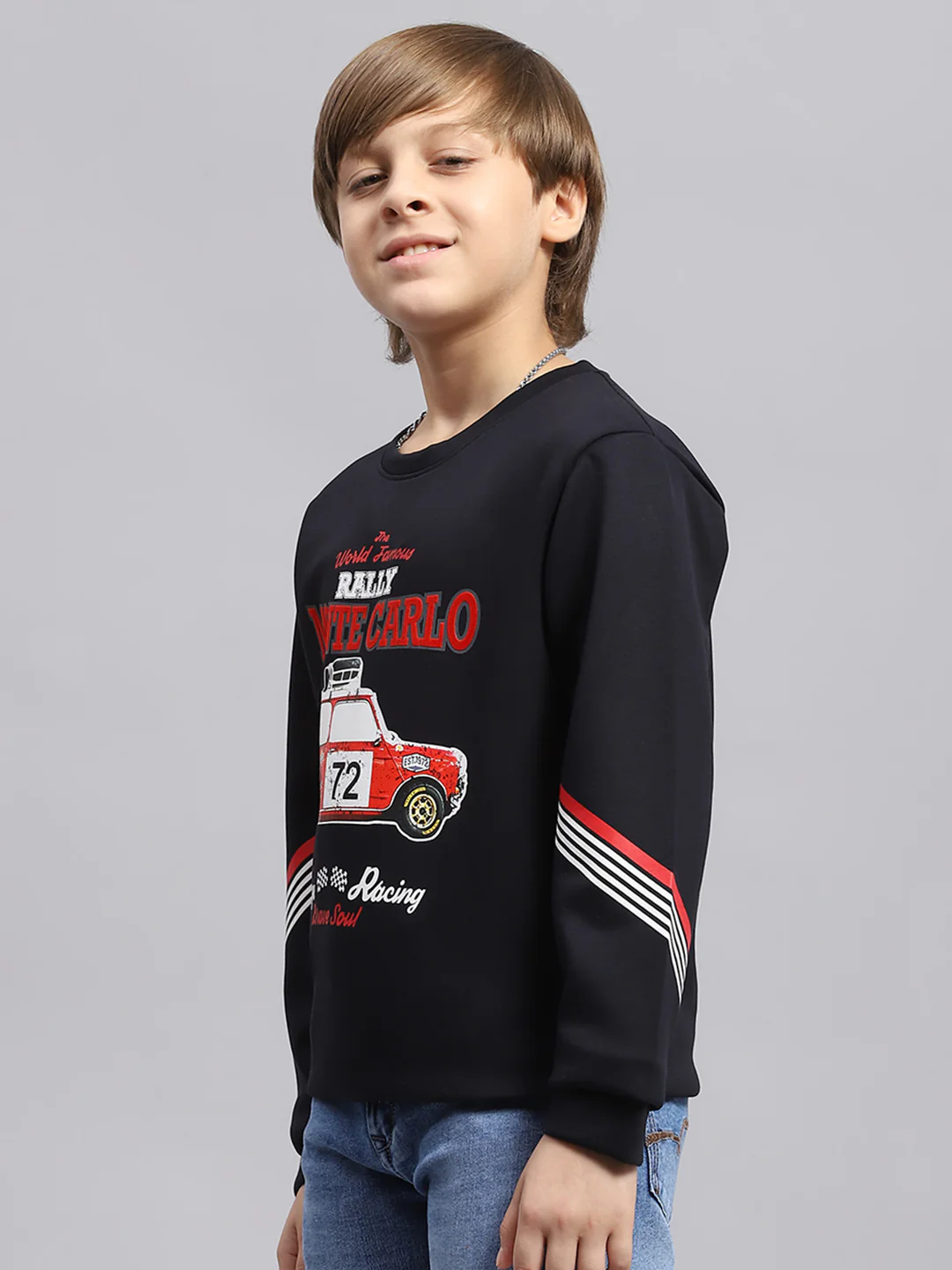 Boys Navy Blue Printed Round Neck Full Sleeve Sweatshirt - Image 3