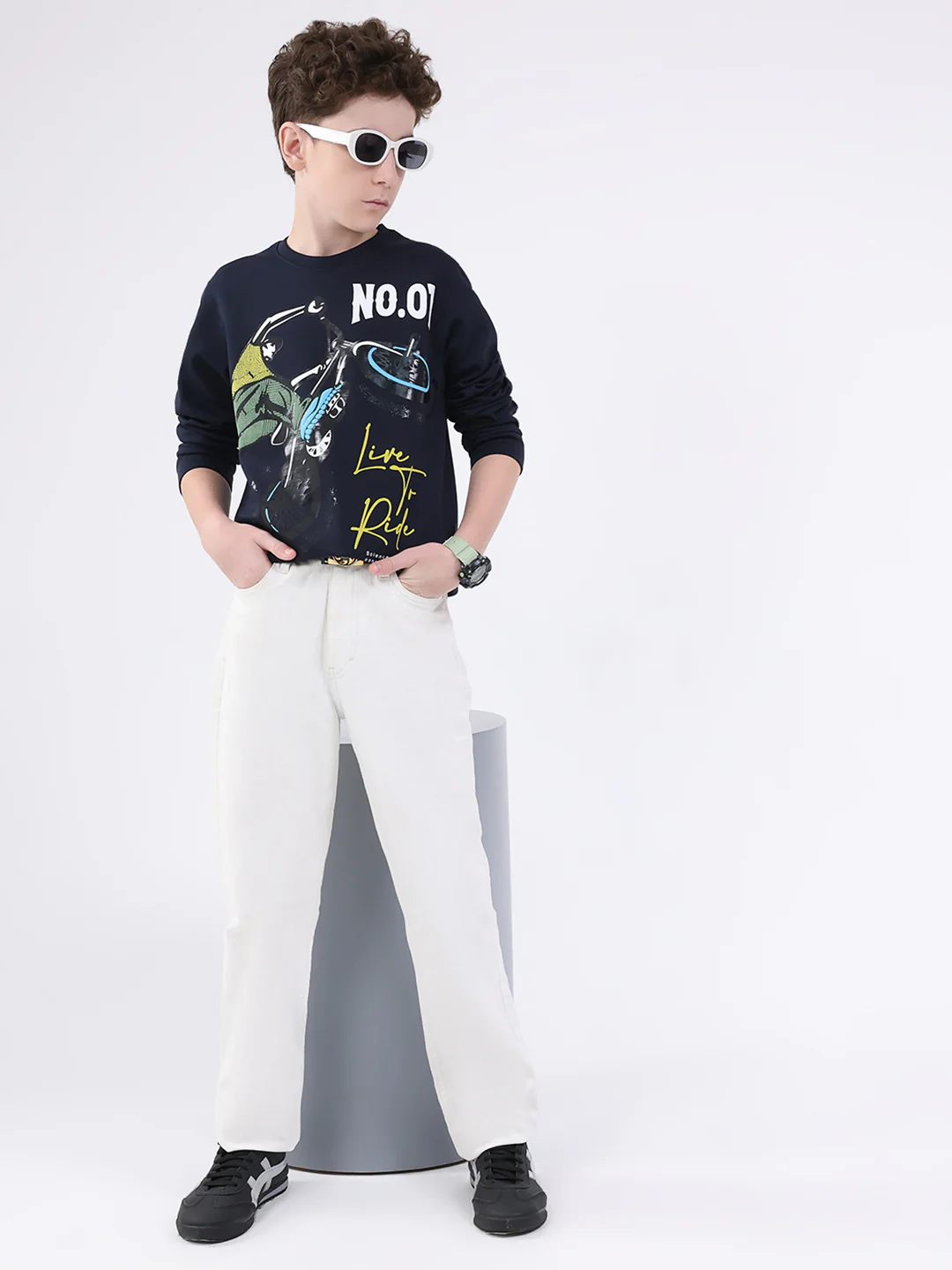 Boys Navy Blue Printed Round Neck Full Sleeve Sweatshirt - Image 2
