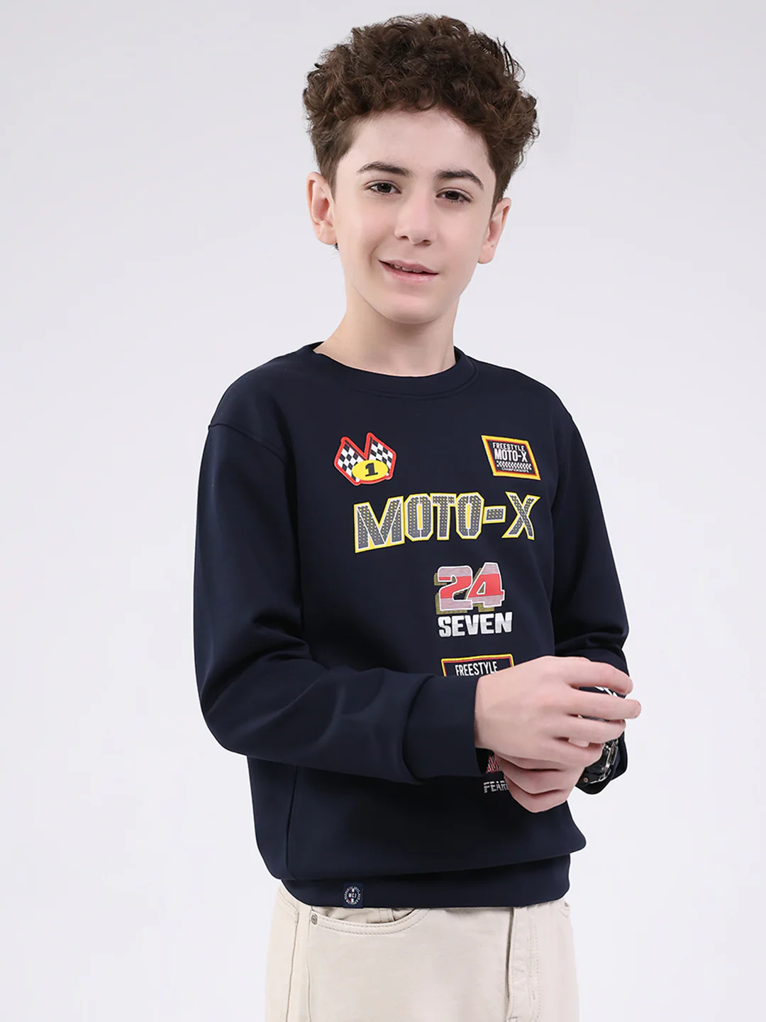 Boys Navy Blue Printed Round Neck Full Sleeve Sweatshirt - Image 4